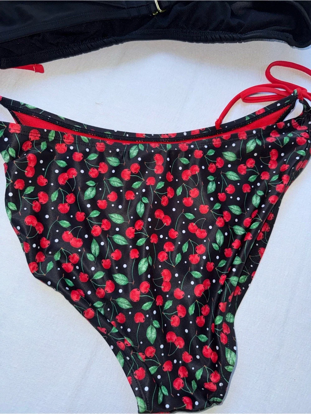 Size XL Black Ruffle Bikini Top with Cherry Print Tie-Side Bottoms